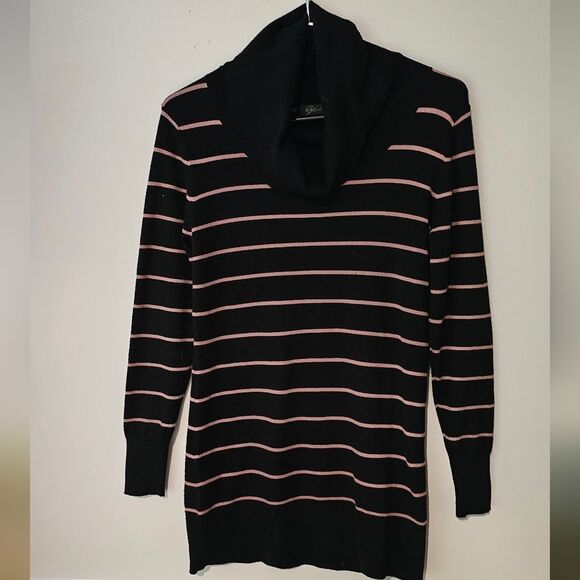 Black and Tan Cowl Neck Sweater Dress with Horizontal Stripes. Size Medium. - Picture 1 of 4